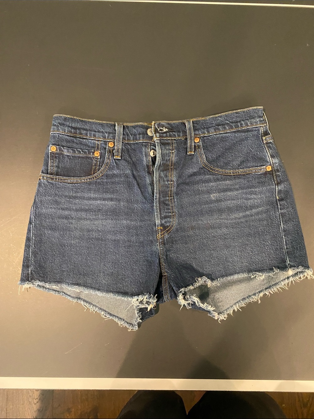 Levi's Dark Blue High-Rise Raw Hem Denim Shorts